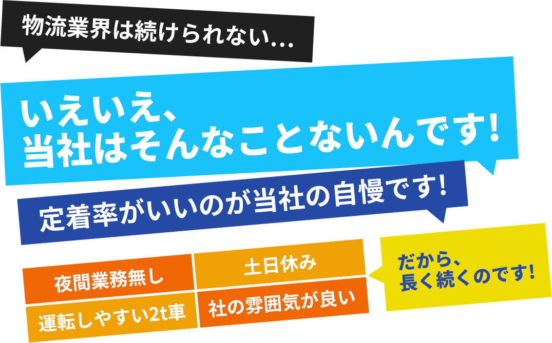 物流業界は続けられない… いえいえ、当社はそんなことないんです! 定着率がいいのが当社の自慢です! 夜間業務無し 土日休み 運転しやすい2t車 社の雰囲気が良い だから、長く続くのです!